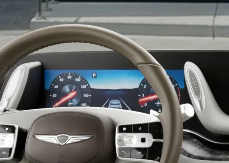 Car dashboard with steering wheel and digital display