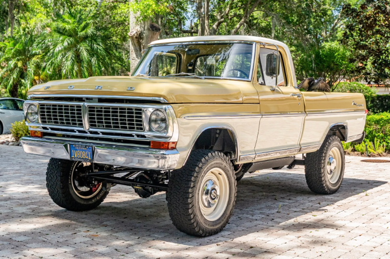 Vintage Ford truck parked on a driveway with trees in the background