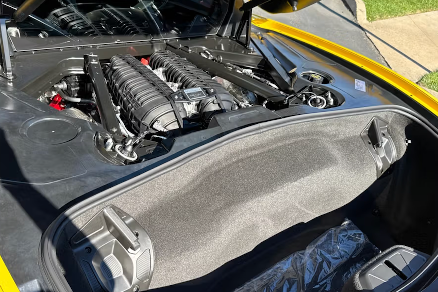 Car engine compartment with visible components
