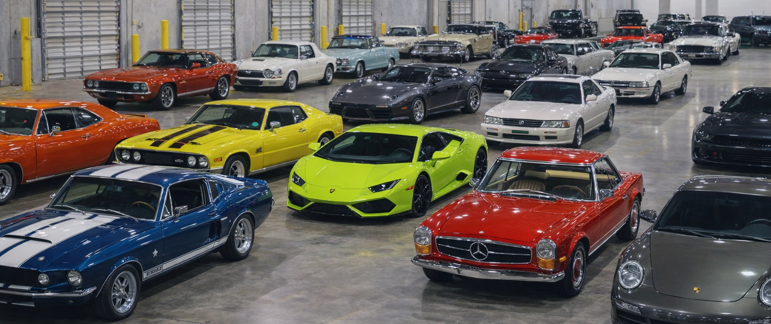 Collection of vintage and classic cars in a large warehouse.
