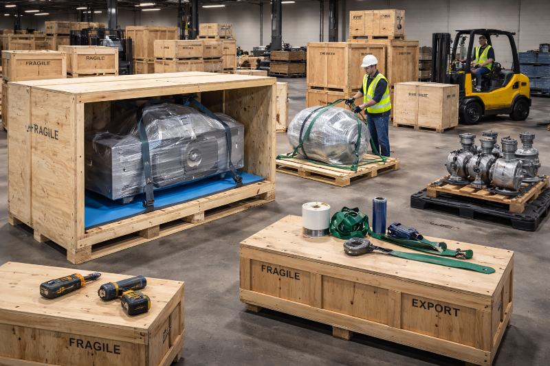 Logistics warehouse with wooden crates, pallets, and machinery.