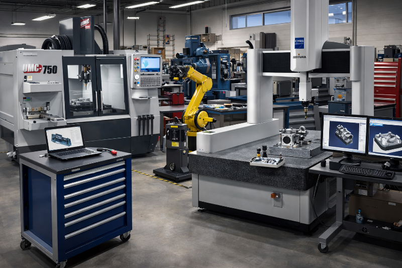 Industrial automation system with robots and CNC machines in a factory setting
