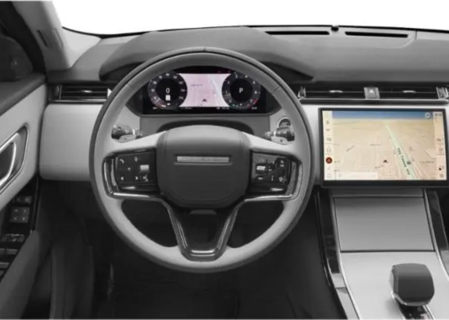 Car interior with steering wheel and dashboard display