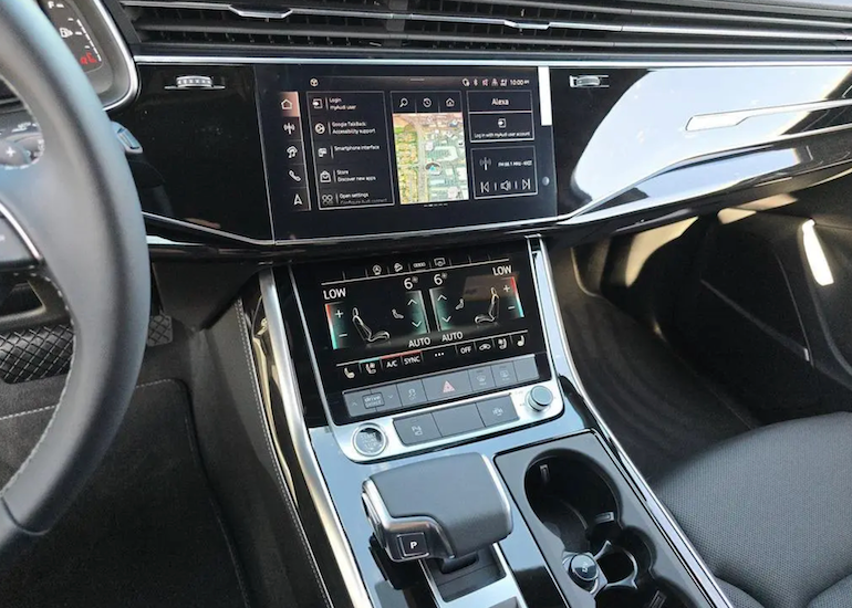 Car interior with dashboard display and control panel