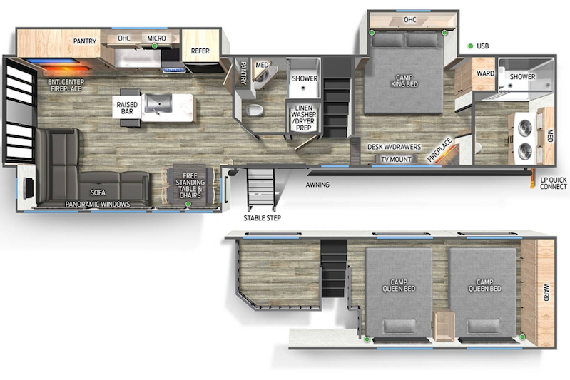 Floor plan of a mobile home with labeled rooms and features.