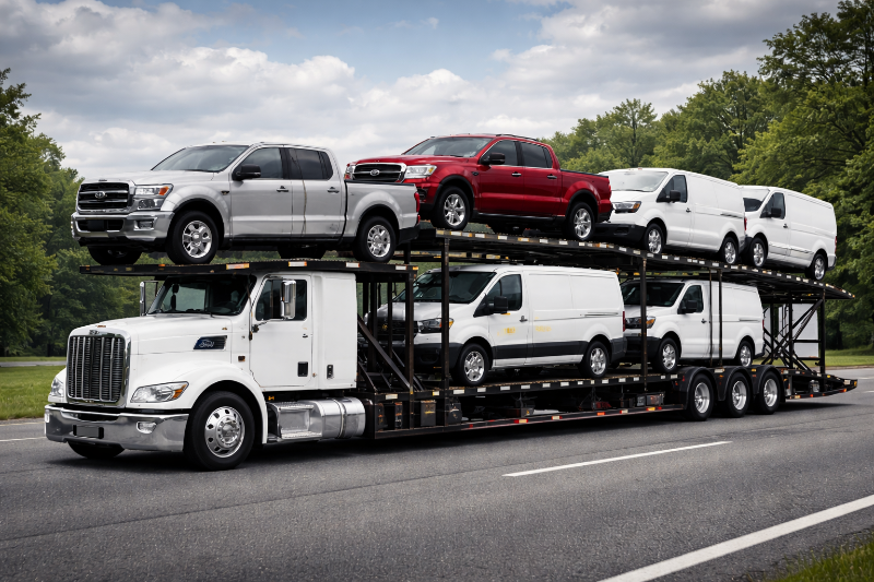Car carrier truck transporting multiple vehicles on a road with trees in the background