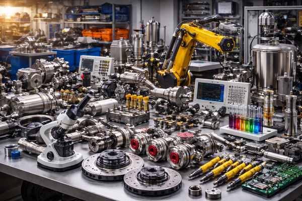 Automated manufacturing line with robotic arm and mechanical parts in a factory setting
