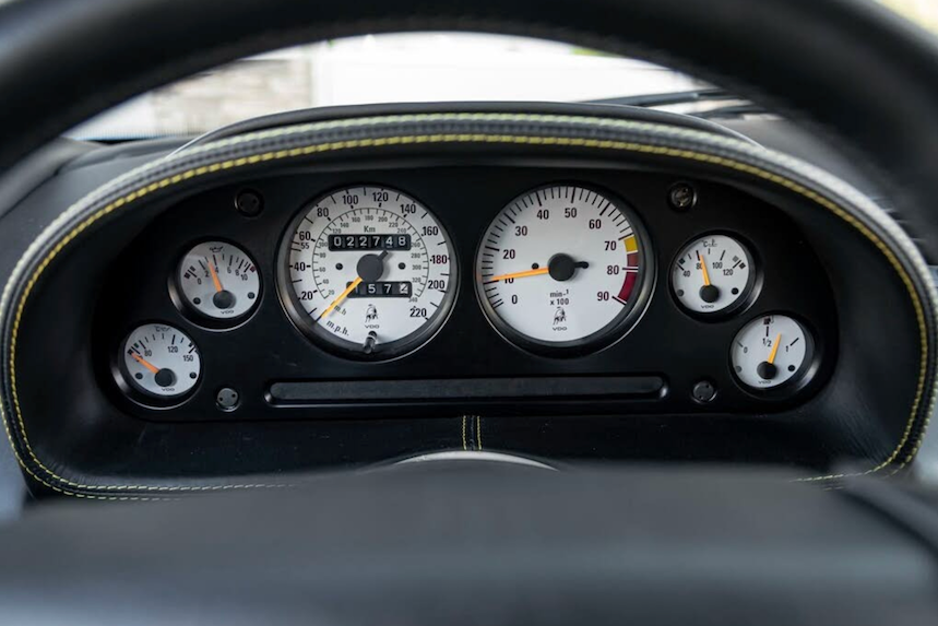 Car dashboard with multiple gauges and a steering wheel in the foreground