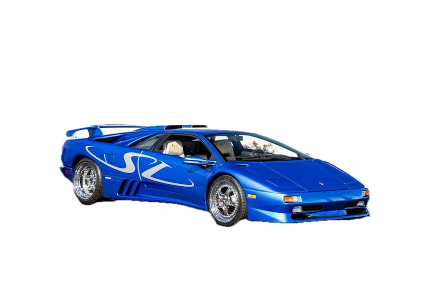 Blue sports car with 'S2' branding on a white background