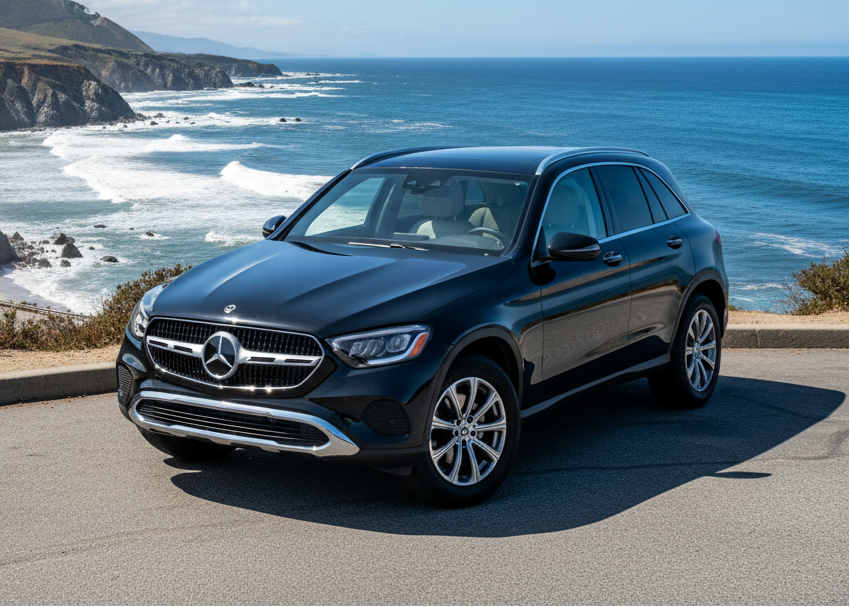 Black Mercedes-Benz SUV parked in front of a dealership building.