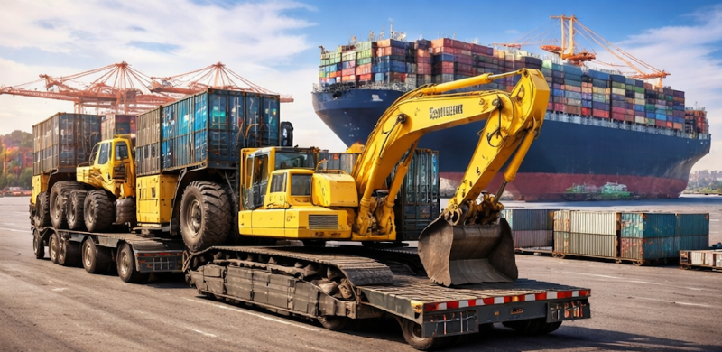 Construction equipment on a flatbed truck with a container ship in the background