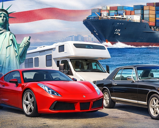 Promotional image with luxury cars, RVs, boats, and heavy equipment with text about shipping from the USA.