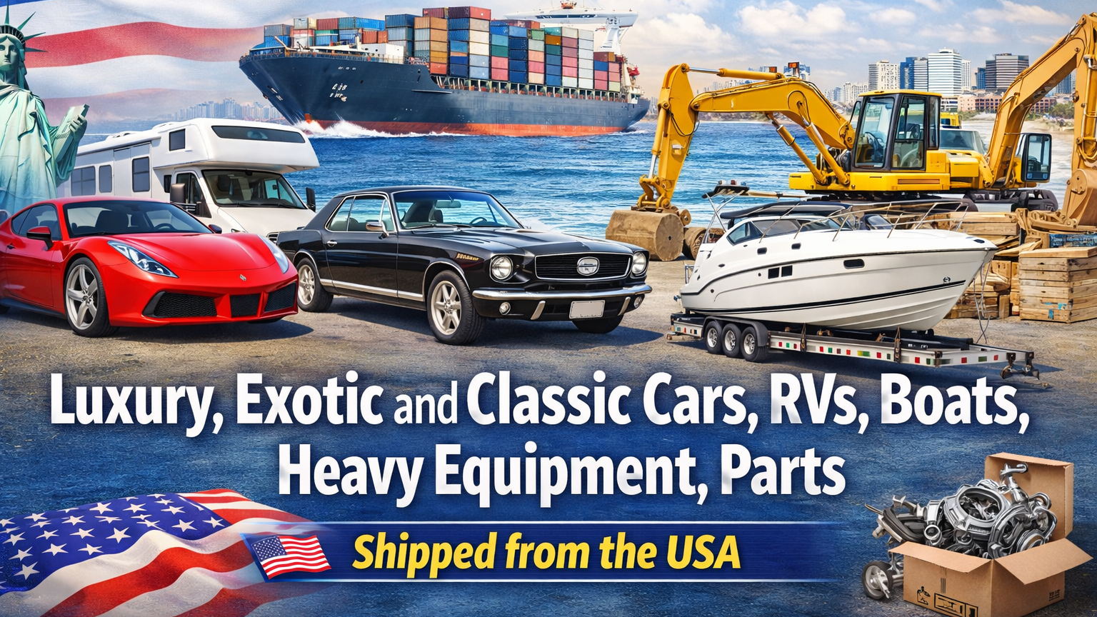 Promotional image with luxury cars, RVs, boats, and heavy equipment with text about shipping from the USA.