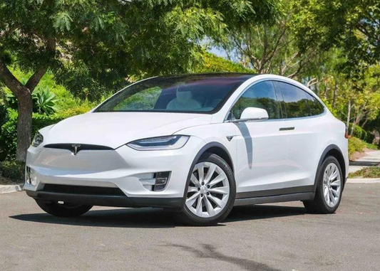 White Tesla Model X parked on a road with trees in the background