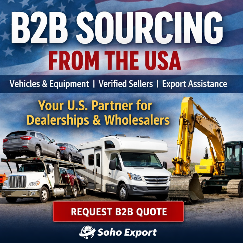 Advertisement for B2B sourcing from the USA with vehicles and equipment on a blue background.