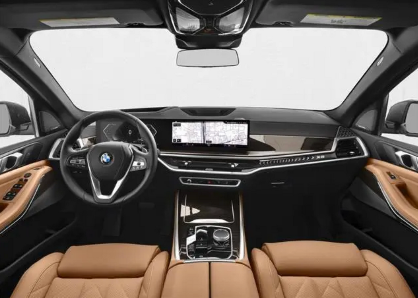 Car interior with steering wheel and dashboard view