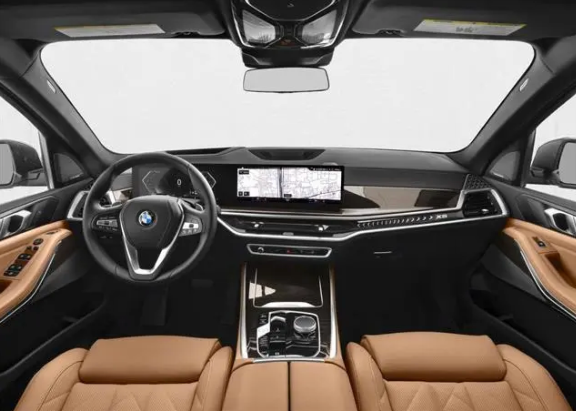 Car interior with steering wheel and dashboard view