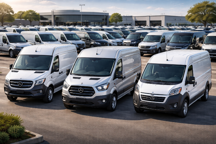 Three Mercedes-Benz vans parked in a lot with a building in the background