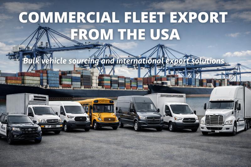 Commercial vehicles with a shipping container background and text about commercial fleet export from the USA.