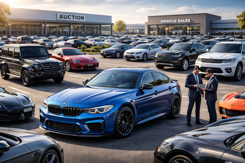 Car auction or sales lot with various vehicles and people discussing.