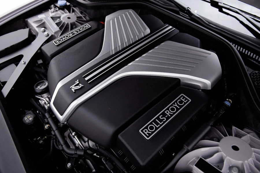 Close-up of a Rolls-Royce engine with visible branding.