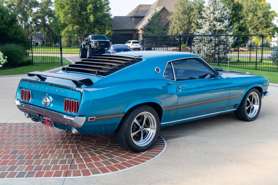 Blue muscle car parked on a driveway with a house and trees in the background