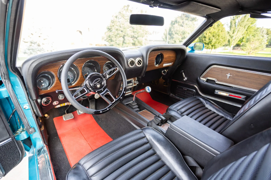 Car interior with wooden dashboard and leather seats