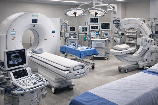 Modern medical imaging room with MRI, CT scanner, and ultrasound equipment.