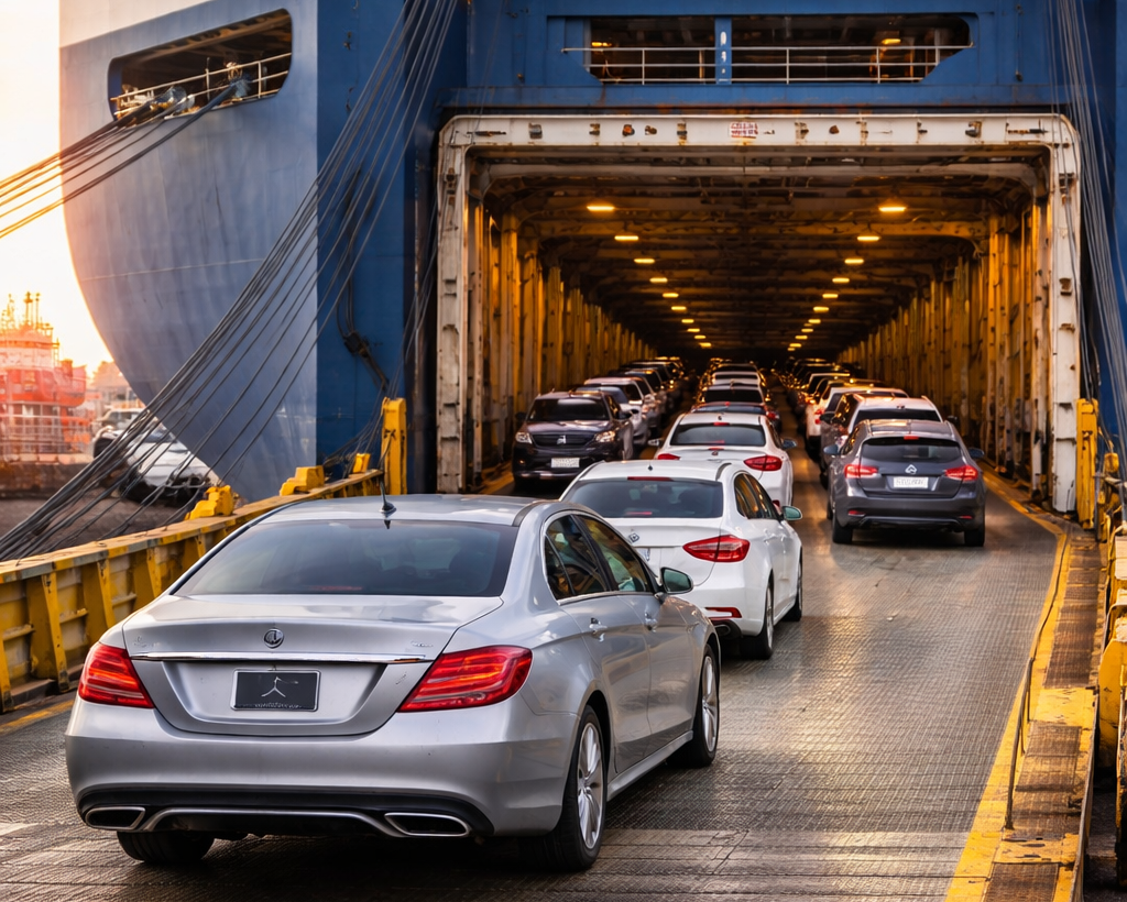 Cars being loaded onto a ferry with a large ship in the background.