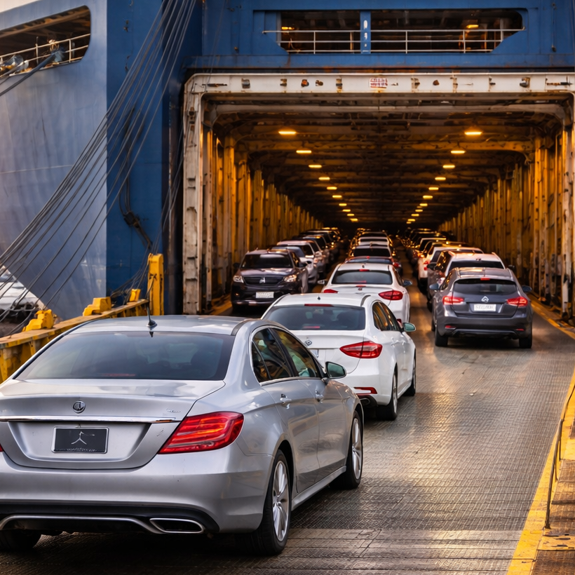 Cars being loaded onto a ferry with a large ship in the background.