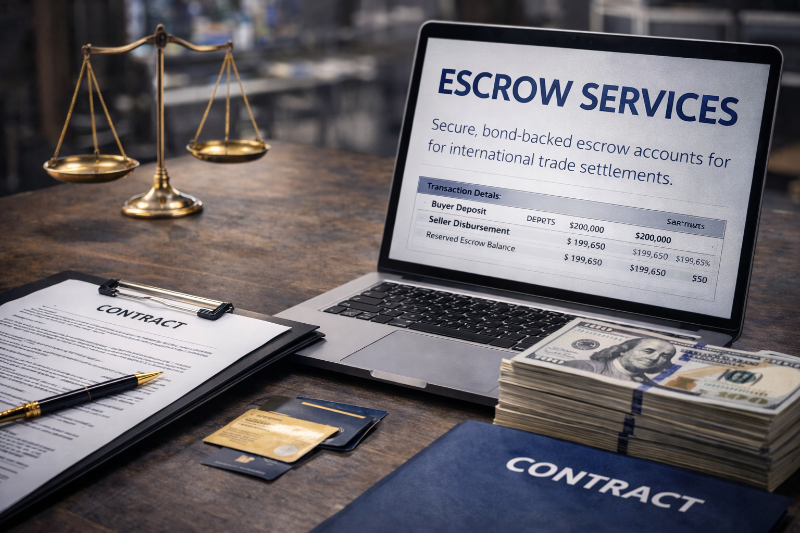Laptop displaying 'Escrow Services' with contracts, money, and a scale on a desk.